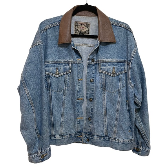 β‘οΈ SOLD Men's Express Denim Jacket Faux Leather Collar, Size Large - Picture 3 of 11